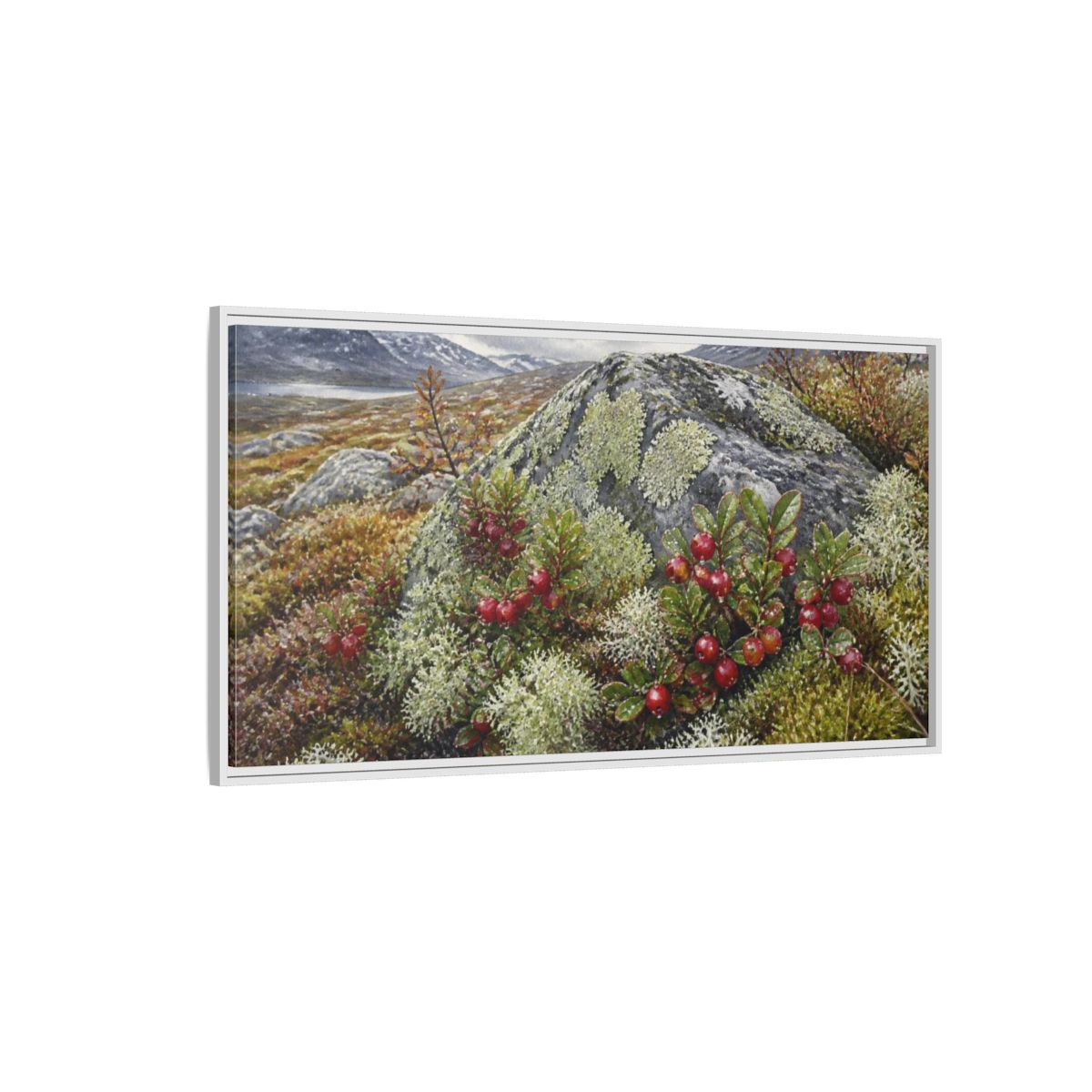 Side Mockup 3. Nordic Lingonberry Rock shown as framed canvas print