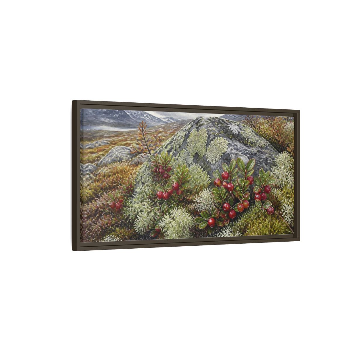 Main Mockup. Nordic Lingonberry Rock shown as framed canvas print