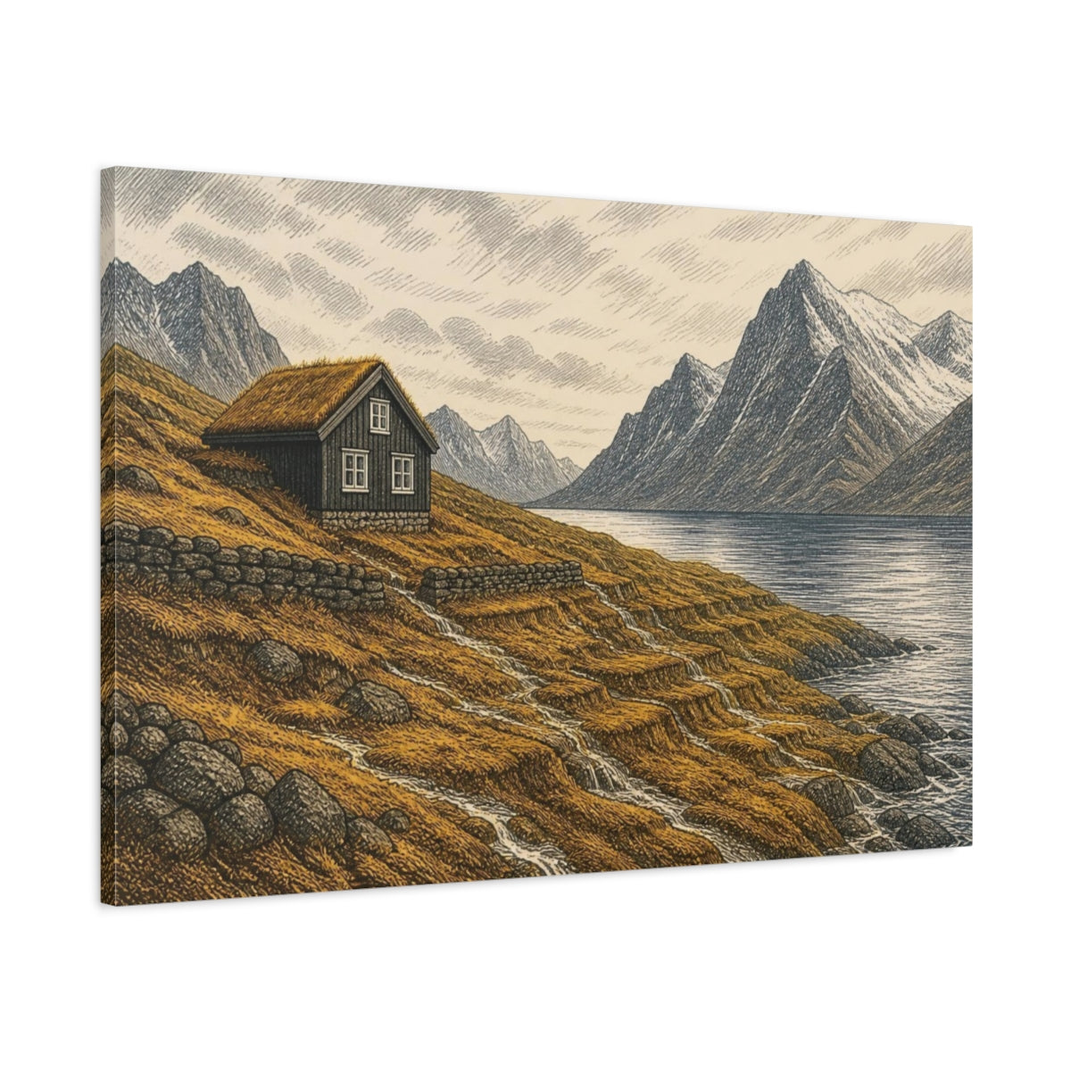 Main Mockup. Nordic Mountain Cabin shown as canvas print