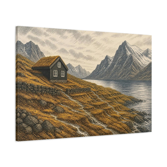 Main Mockup. Nordic Mountain Cabin shown as canvas print