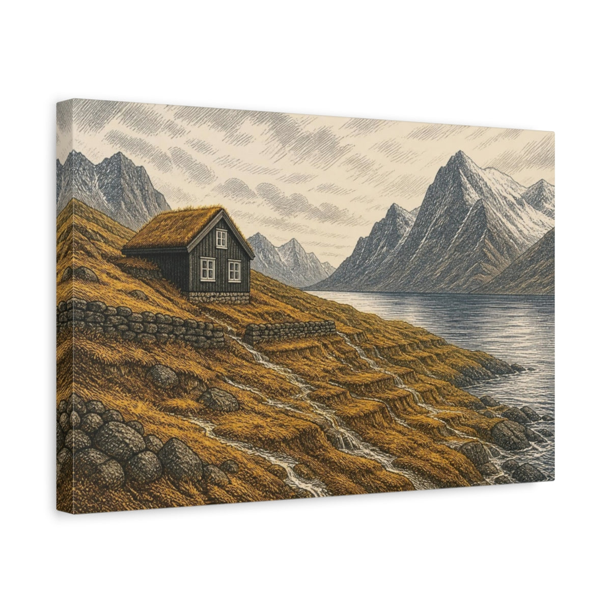Side Mockup 4. Nordic Mountain Cabin shown as canvas print