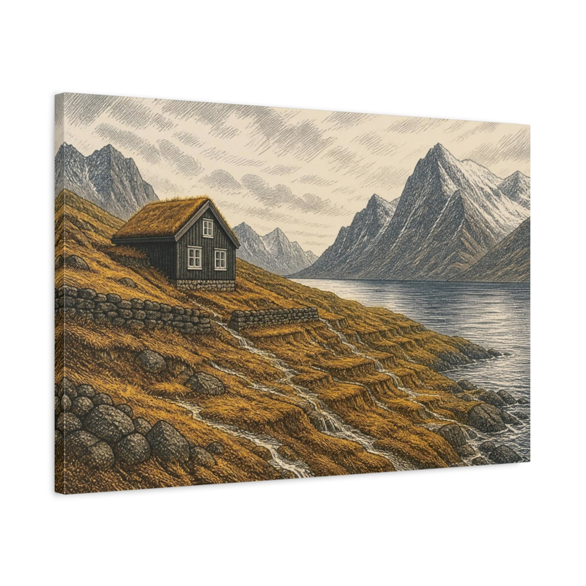 Side Mockup 2. Nordic Mountain Cabin shown as canvas print