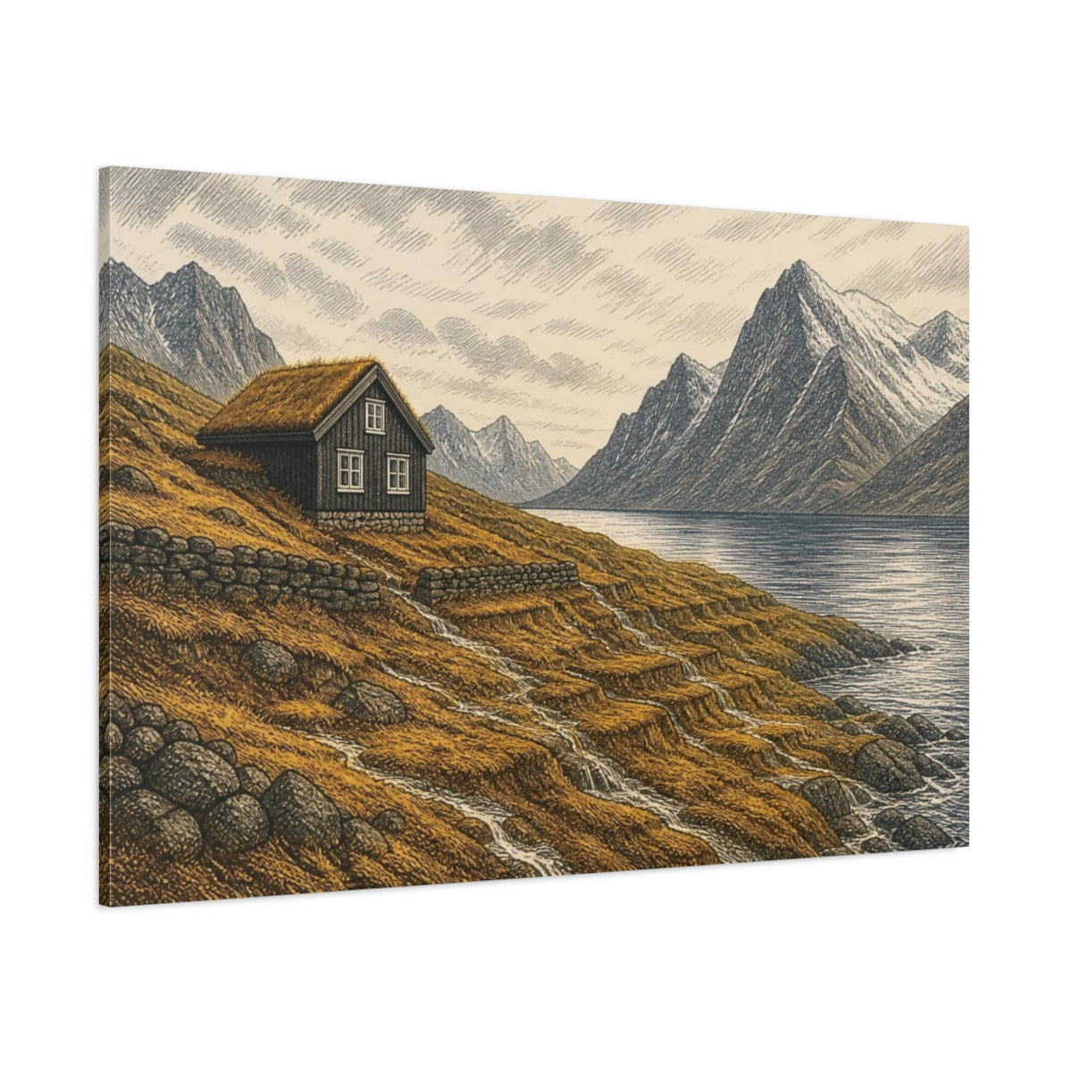Side Mockup 1. Nordic Mountain Cabin shown as canvas print
