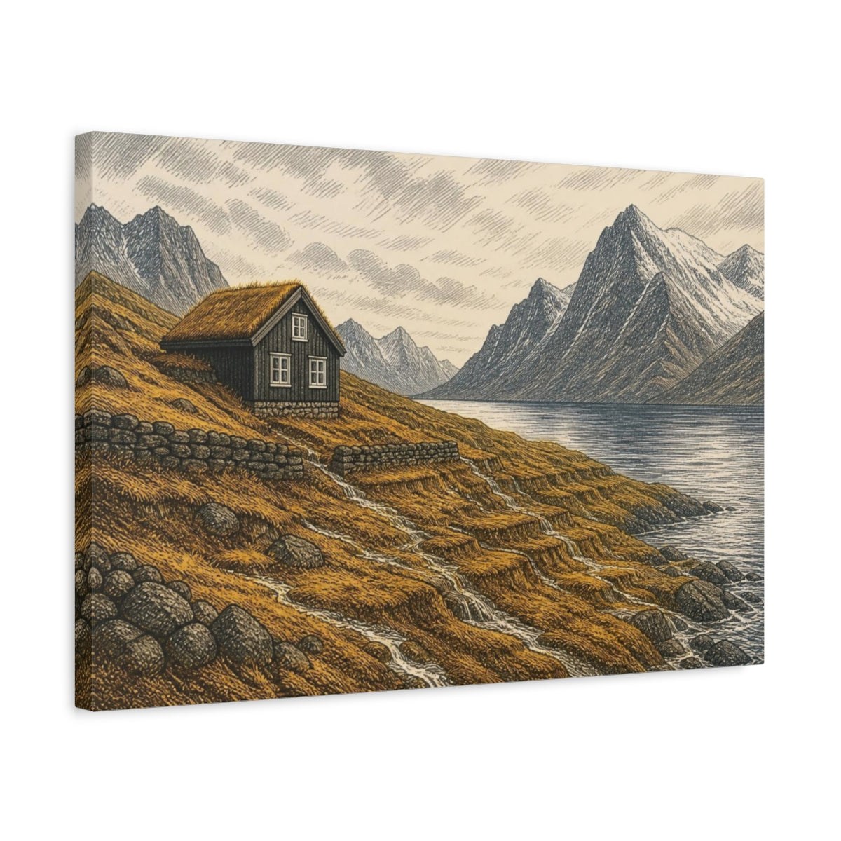 Side Mockup 3. Nordic Mountain Cabin shown as canvas print