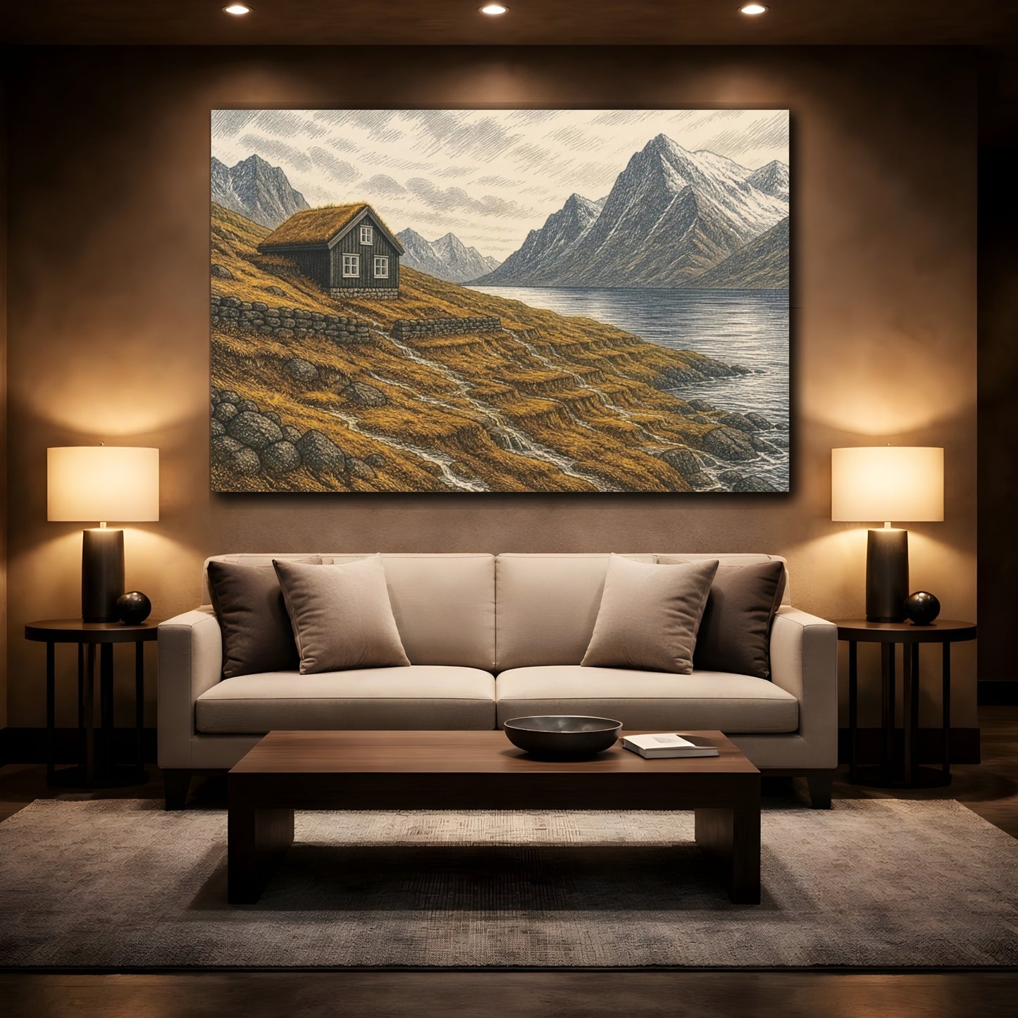 Mockup 2. Nordic Mountain Cabin shown as canvas print