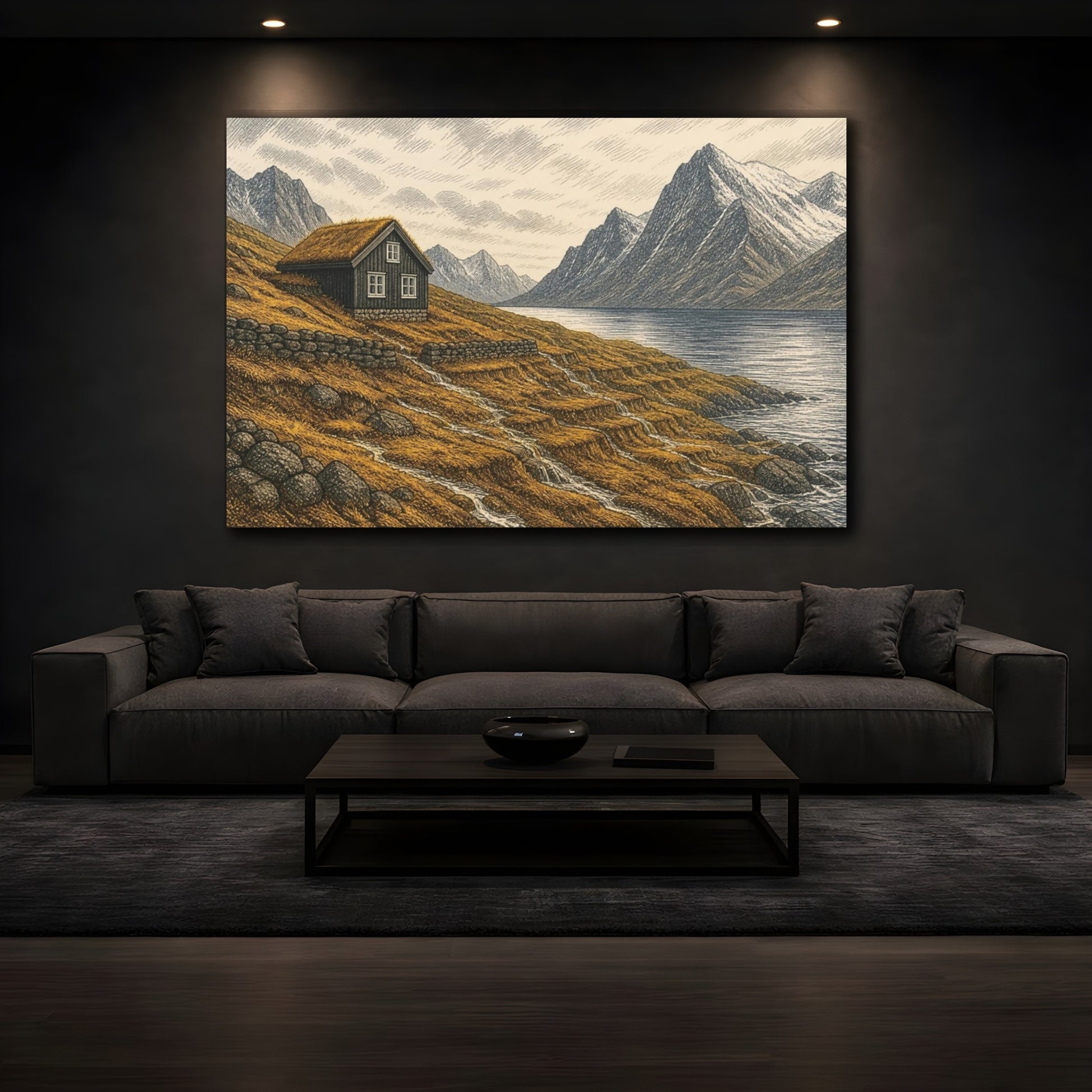 Mockup 3. Nordic Mountain Cabin shown as canvas print