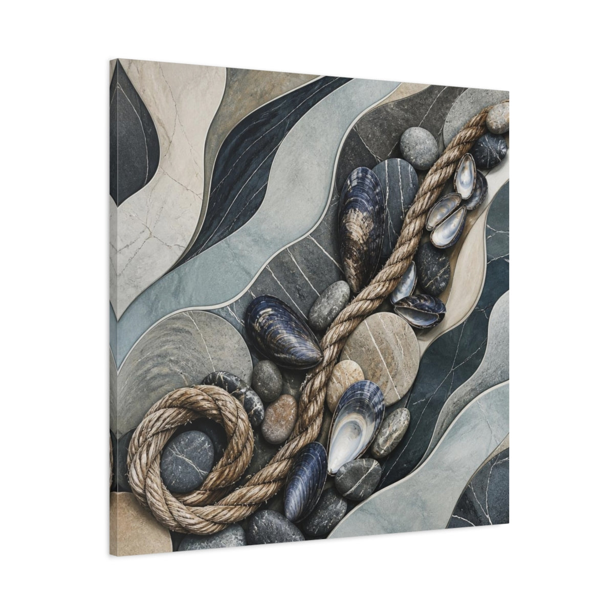 Main Mockup. Nordic Mussel Shells & Rope shown as canvas print