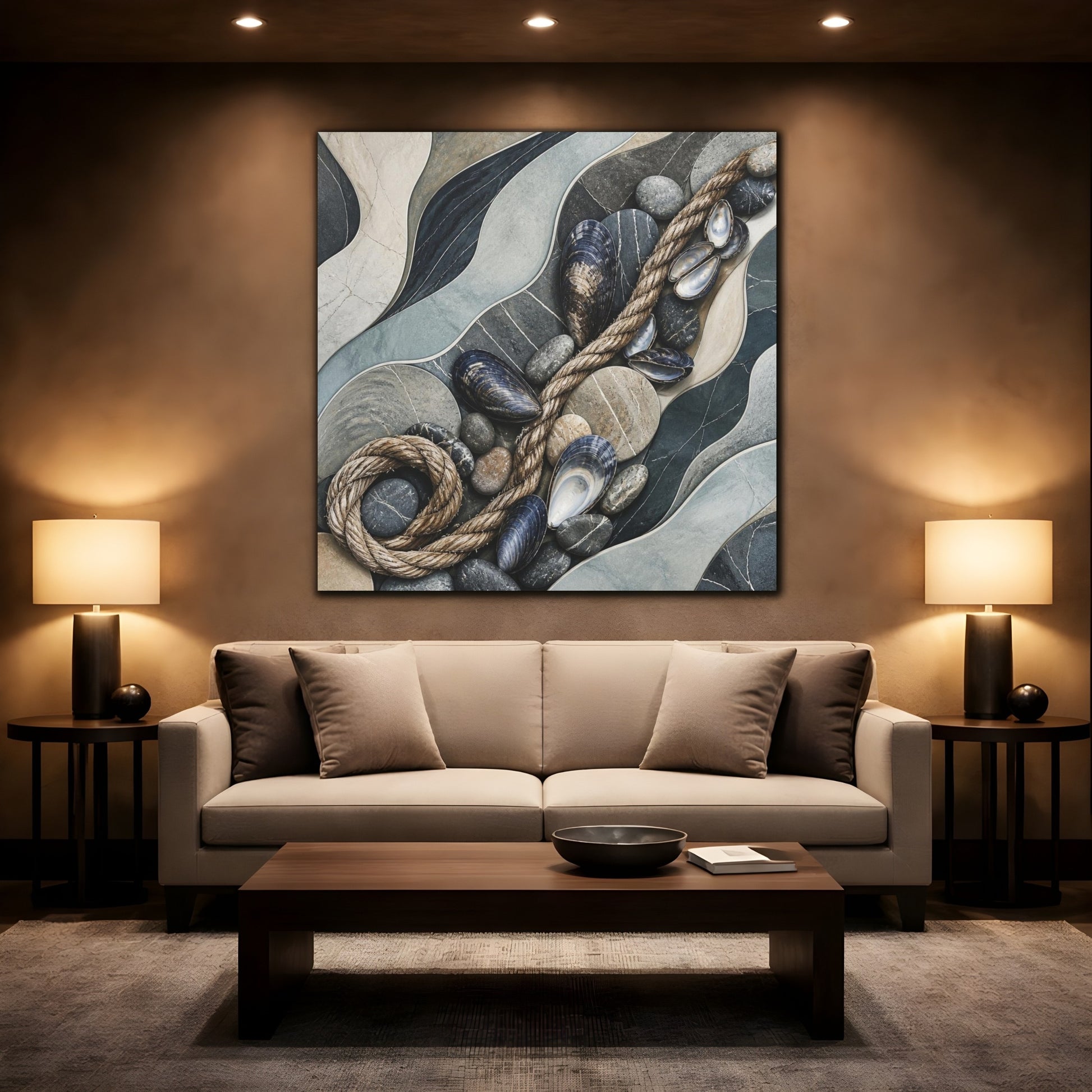 Mockup 2. Nordic Mussel Shells & Rope shown as canvas print