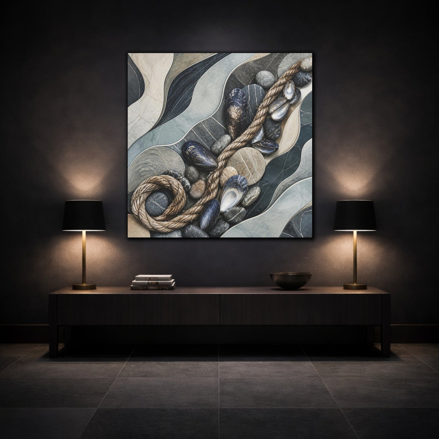 Mockup 3. Nordic Mussel Shells & Rope shown as canvas print