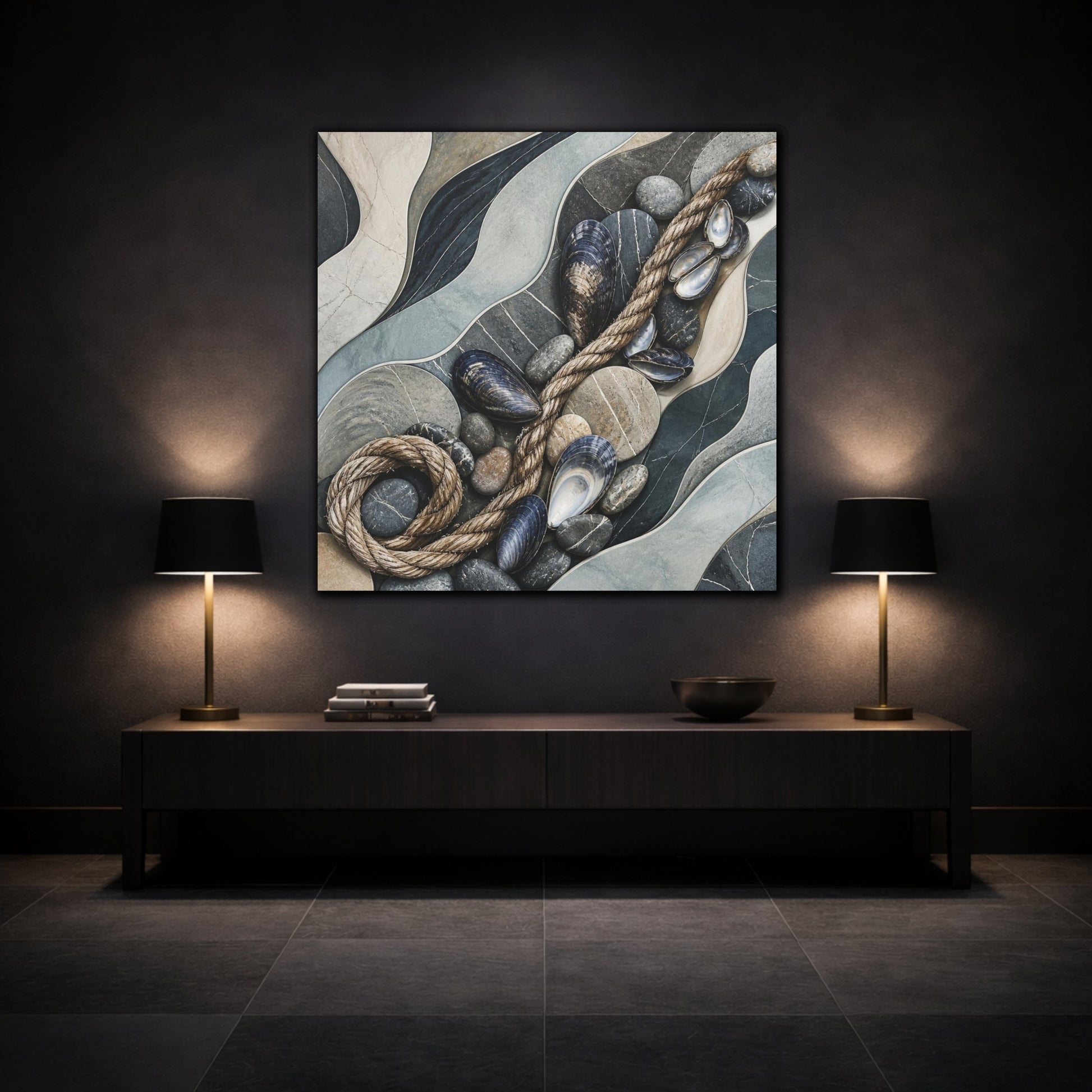 Mockup 3. Nordic Mussel Shells & Rope shown as canvas print