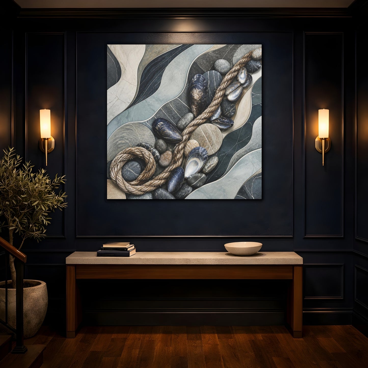 Mockup 4. Nordic Mussel Shells & Rope shown as canvas print