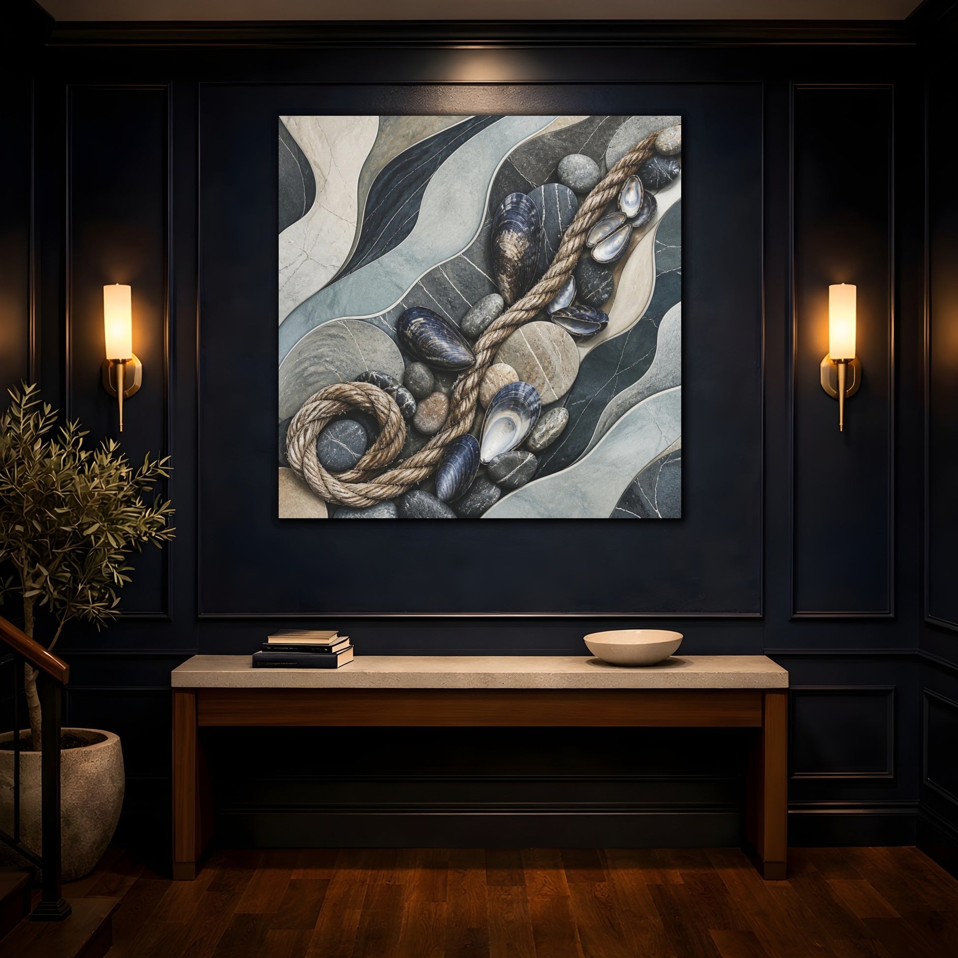 Mockup 4. Nordic Mussel Shells & Rope shown as canvas print