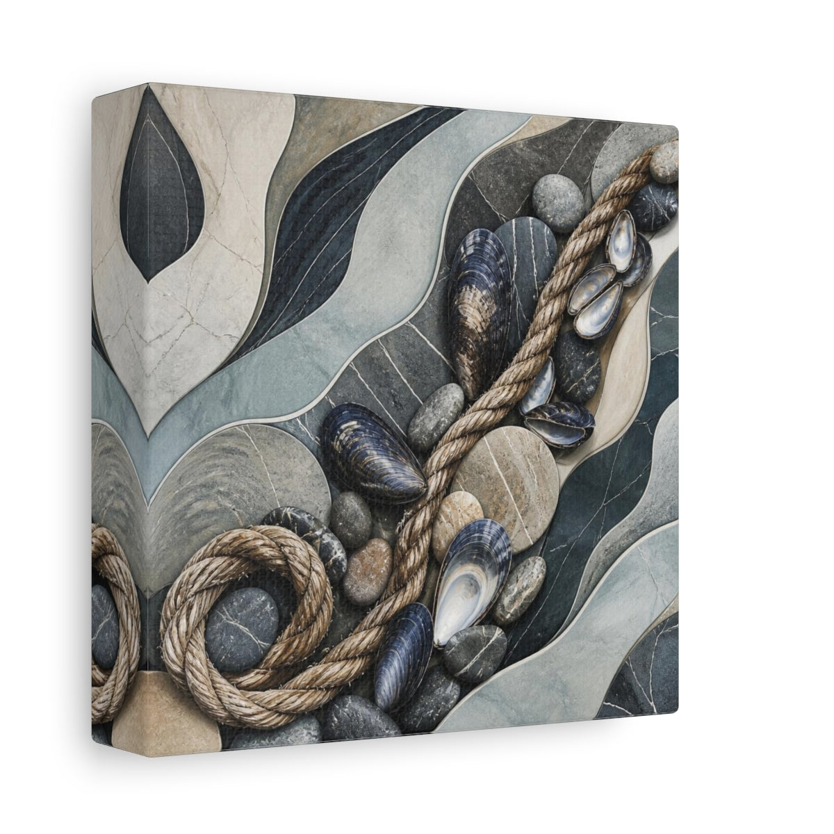 Side Mockup 2. Nordic Mussel Shells & Rope shown as canvas print
