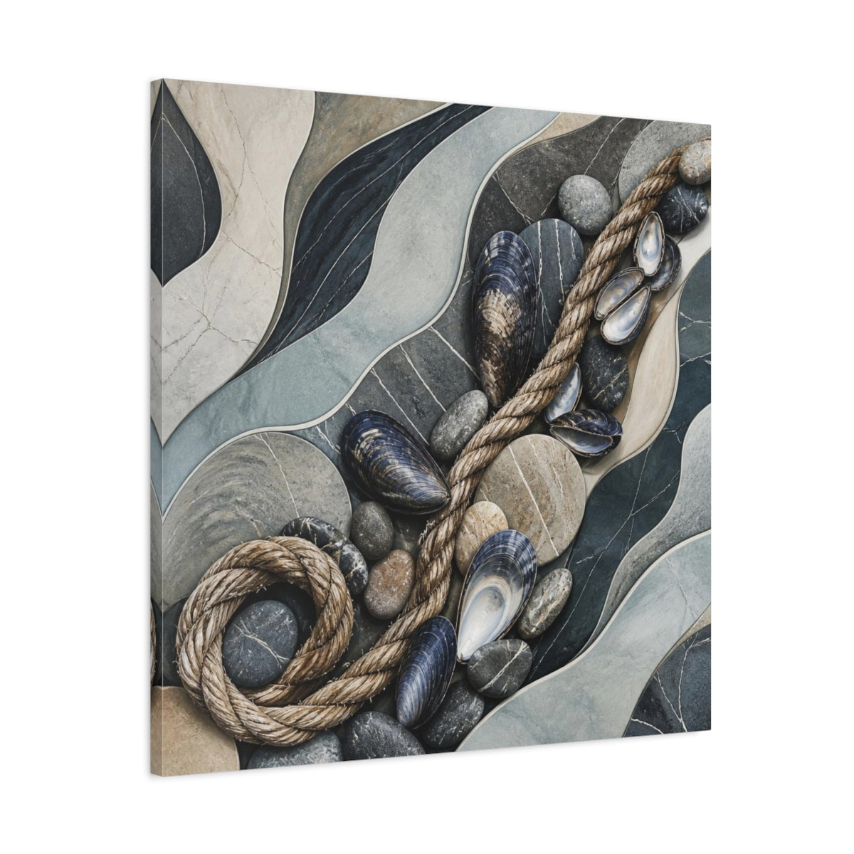 Side Mockup 3. Nordic Mussel Shells & Rope shown as canvas print