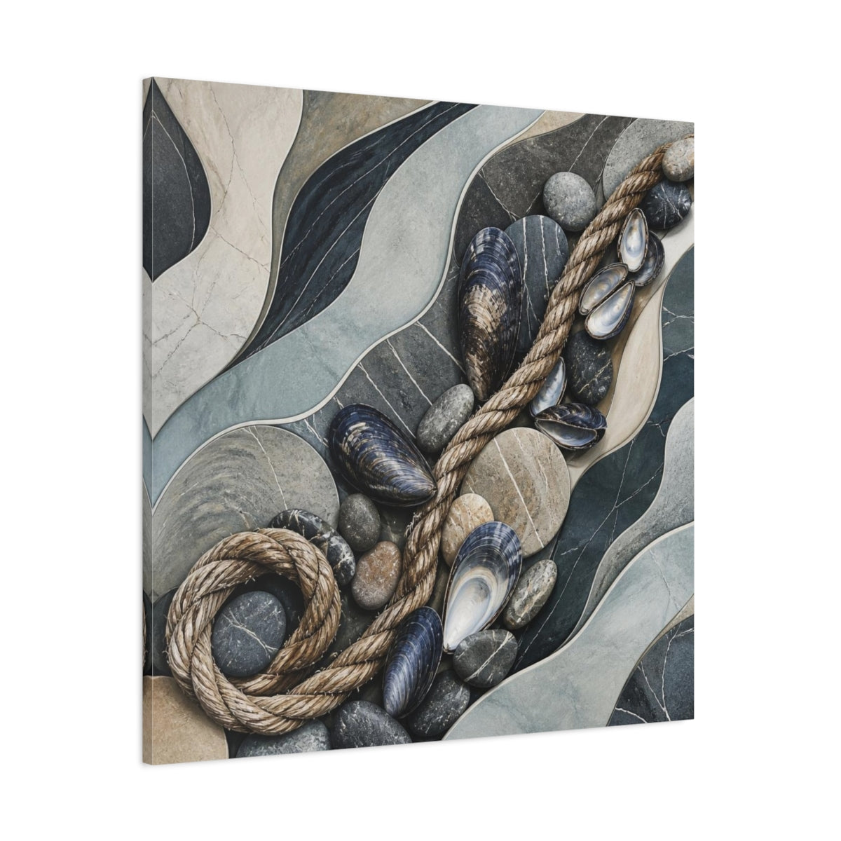 Side Mockup 1. Nordic Mussel Shells & Rope shown as canvas print
