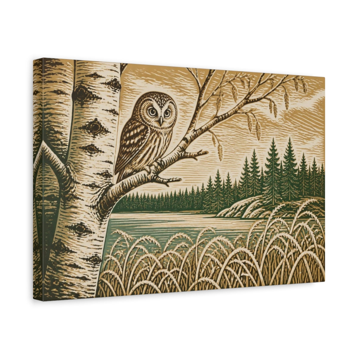 Side Mockup 4. Nordic Owl On Birch shown as canvas print