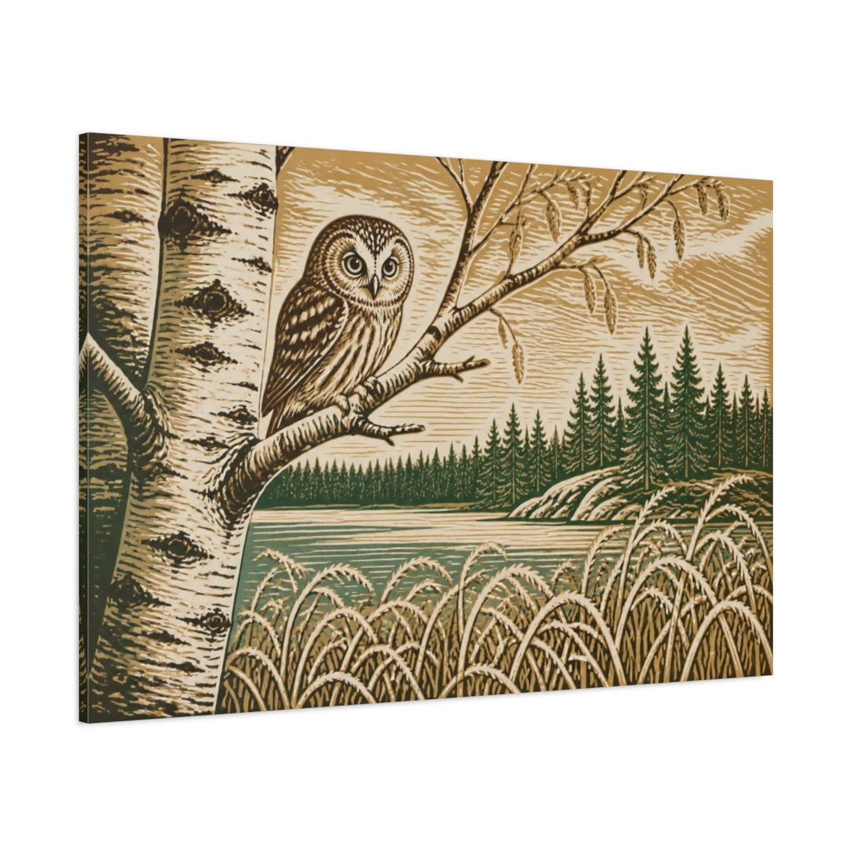 Side Mockup 1. Nordic Owl On Birch shown as canvas print
