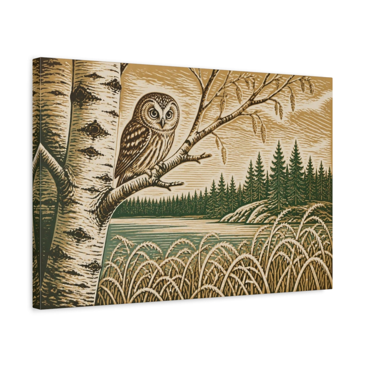 Side Mockup 3. Nordic Owl On Birch shown as canvas print