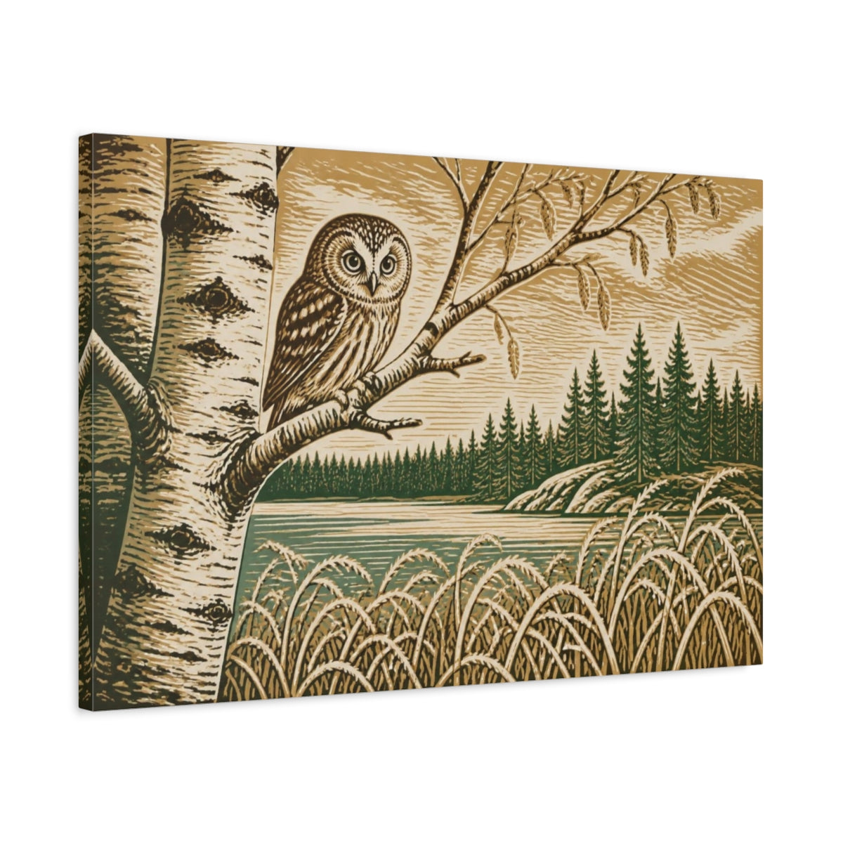 Side Mockup 2. Nordic Owl On Birch shown as canvas print