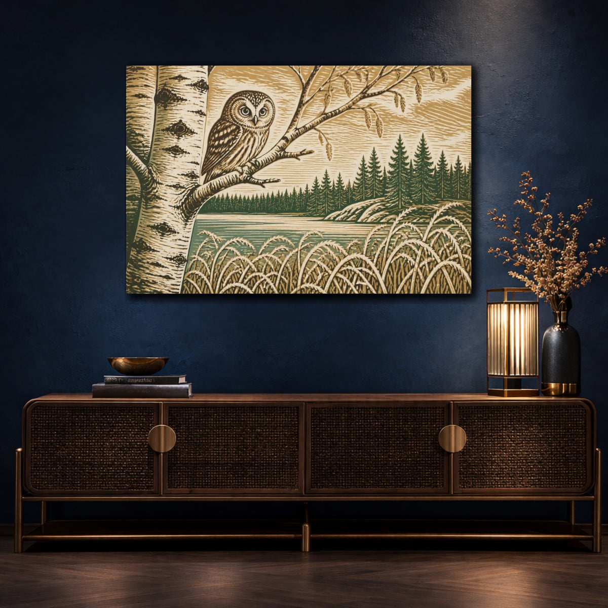 Mockup 4. Nordic Owl On Birch shown as canvas print