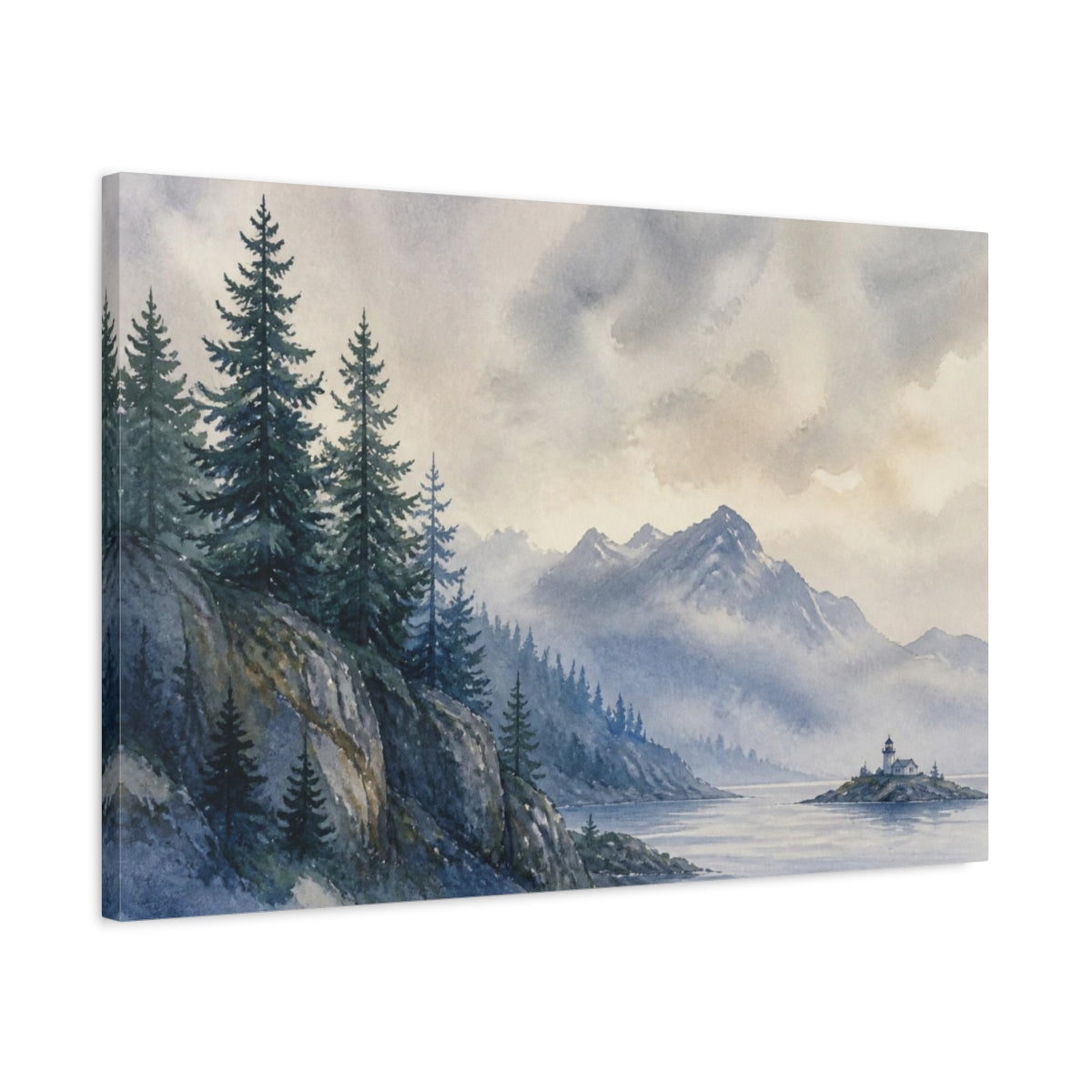 Side Mockup 2. Nordic Pine Shoreline shown as canvas print