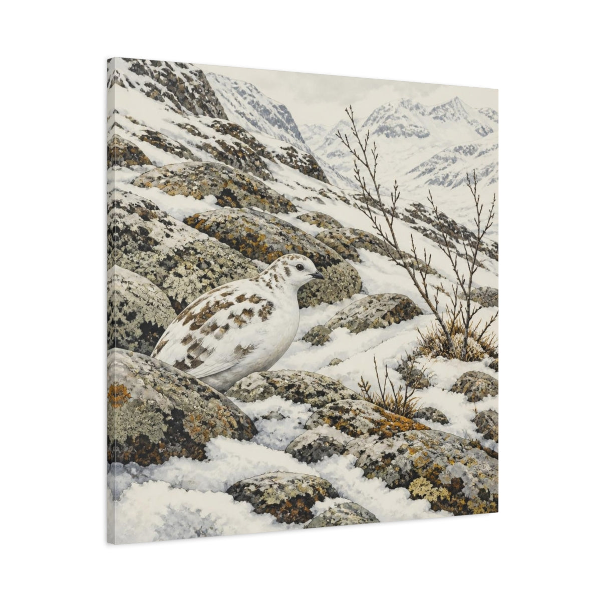 Main Mockup. Nordic Ptarmigan In Snow shown as canvas print