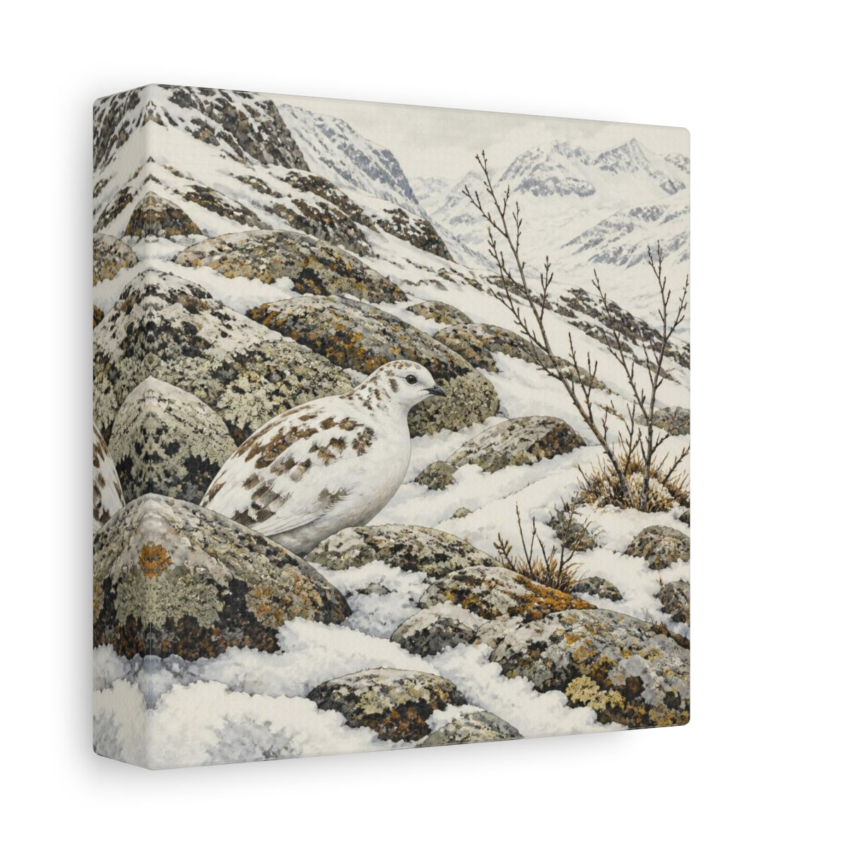 Side Mockup 2. Nordic Ptarmigan In Snow shown as canvas print