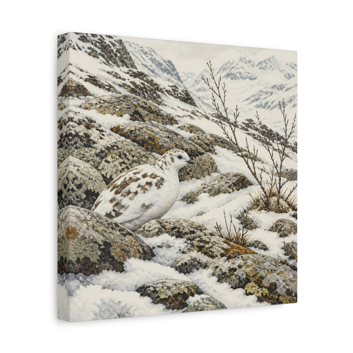 Side Mockup 8. Nordic Ptarmigan In Snow shown as canvas print
