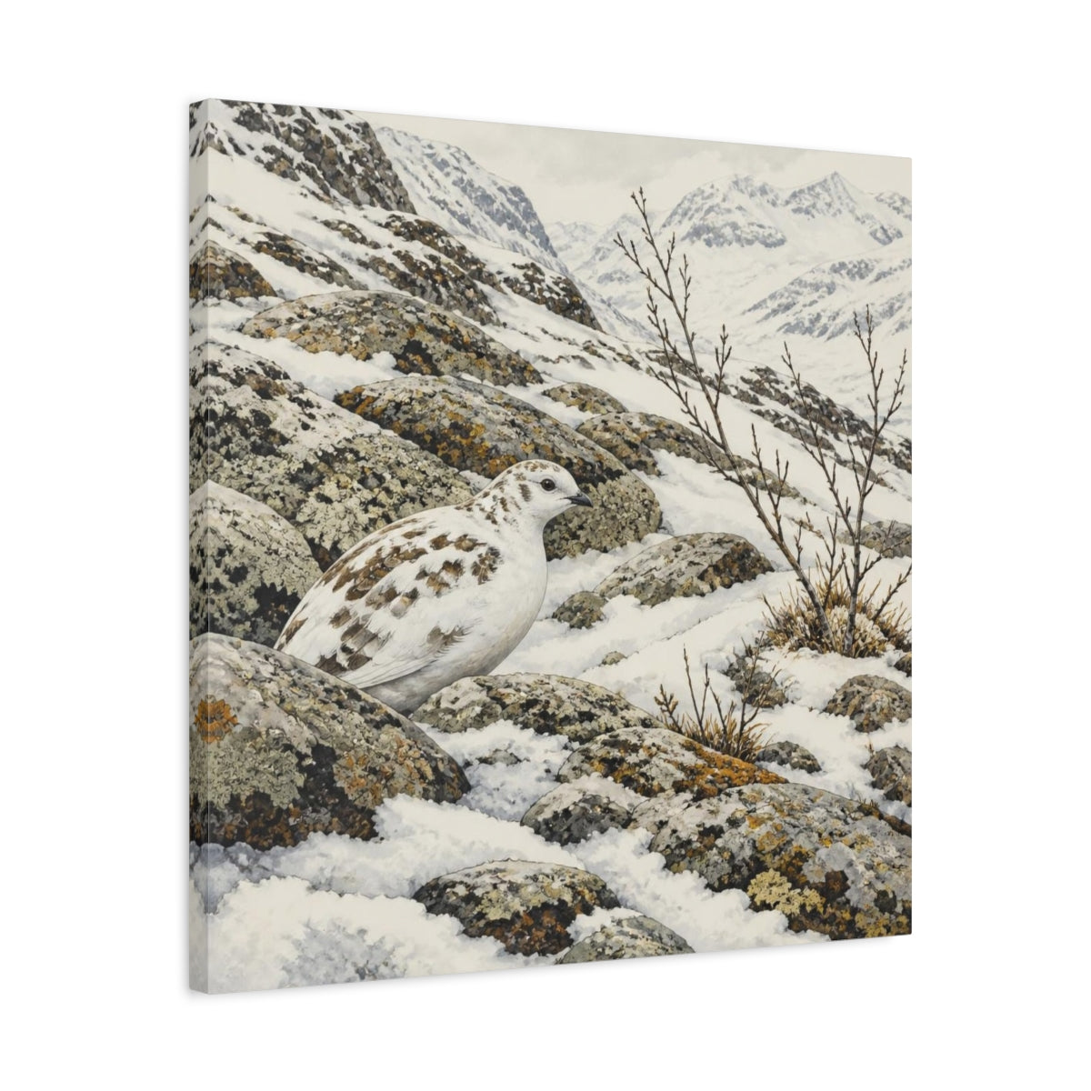 Side Mockup 4. Nordic Ptarmigan In Snow shown as canvas print