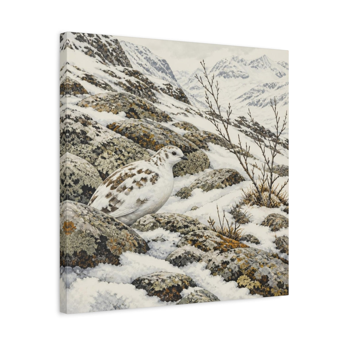 Side Mockup 5. Nordic Ptarmigan In Snow shown as canvas print