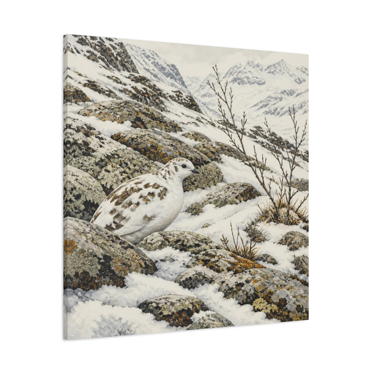 Side Mockup 1. Nordic Ptarmigan In Snow shown as canvas print