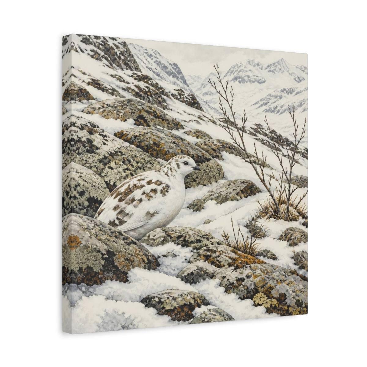 Side Mockup 6. Nordic Ptarmigan In Snow shown as canvas print