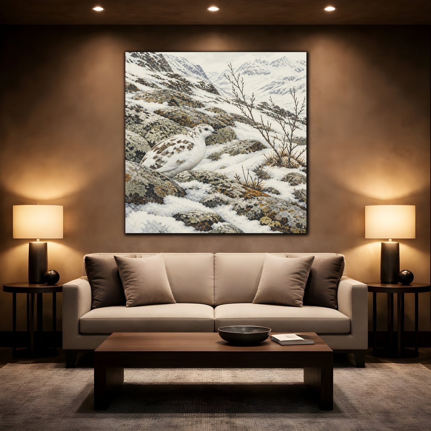 Mockup 2. Nordic Ptarmigan In Snow shown as canvas print
