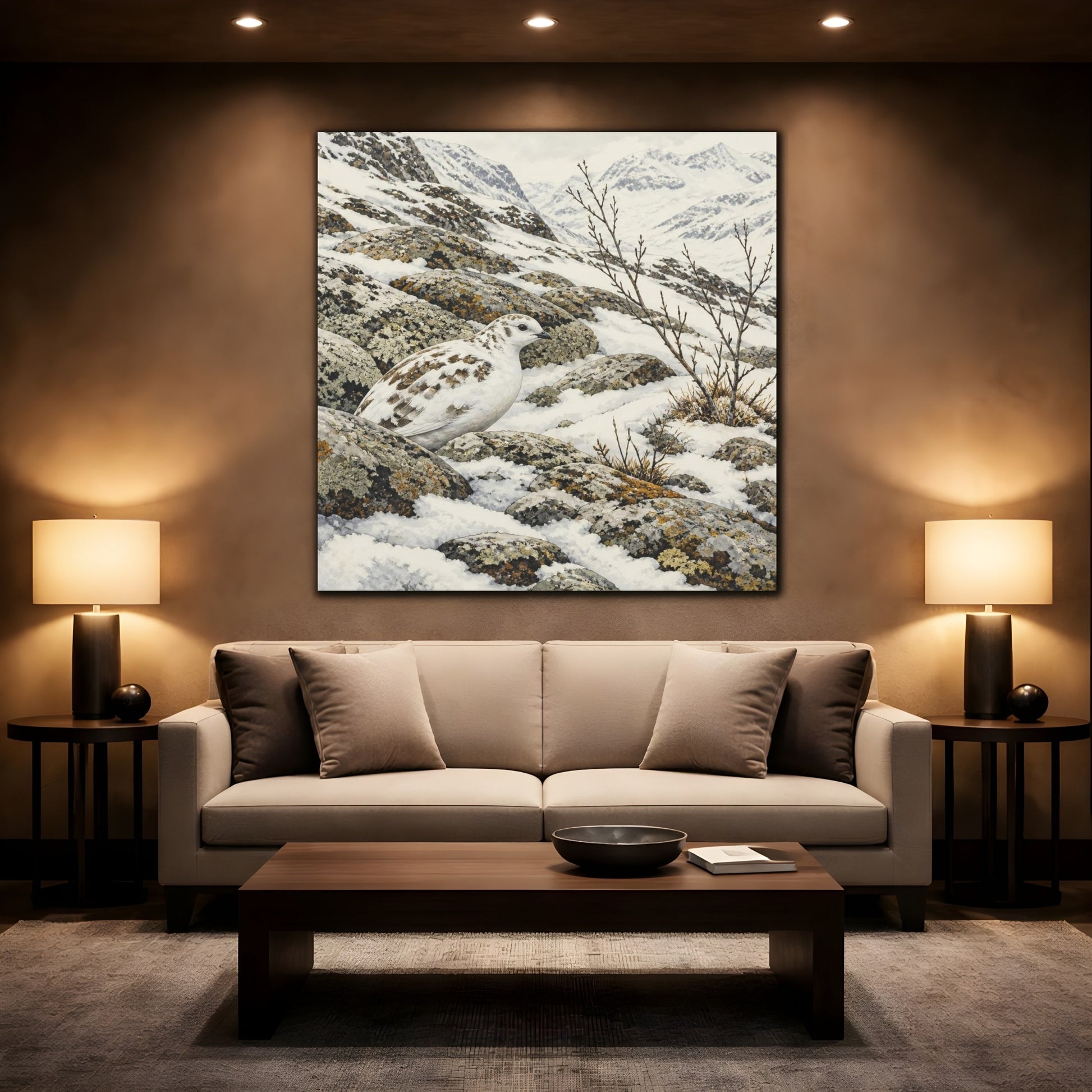 Mockup 2. Nordic Ptarmigan In Snow shown as canvas print