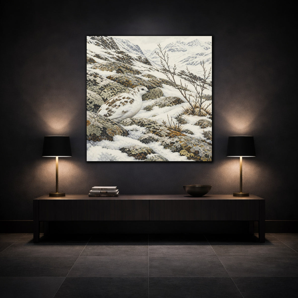 Mockup 3. Nordic Ptarmigan In Snow shown as canvas print