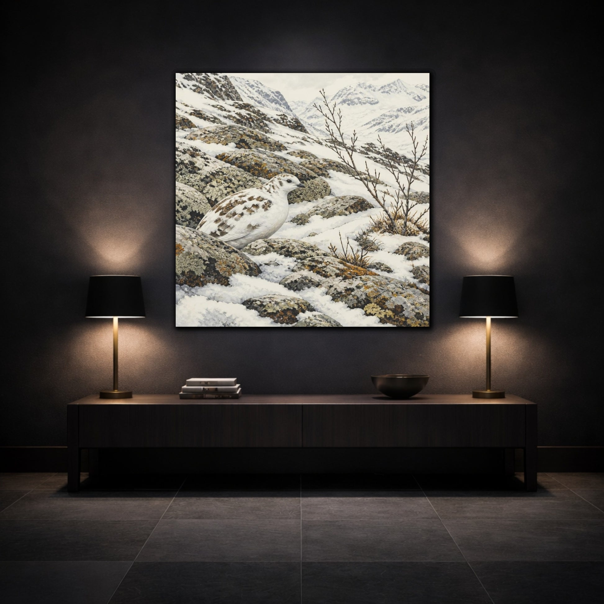 Mockup 3. Nordic Ptarmigan In Snow shown as canvas print