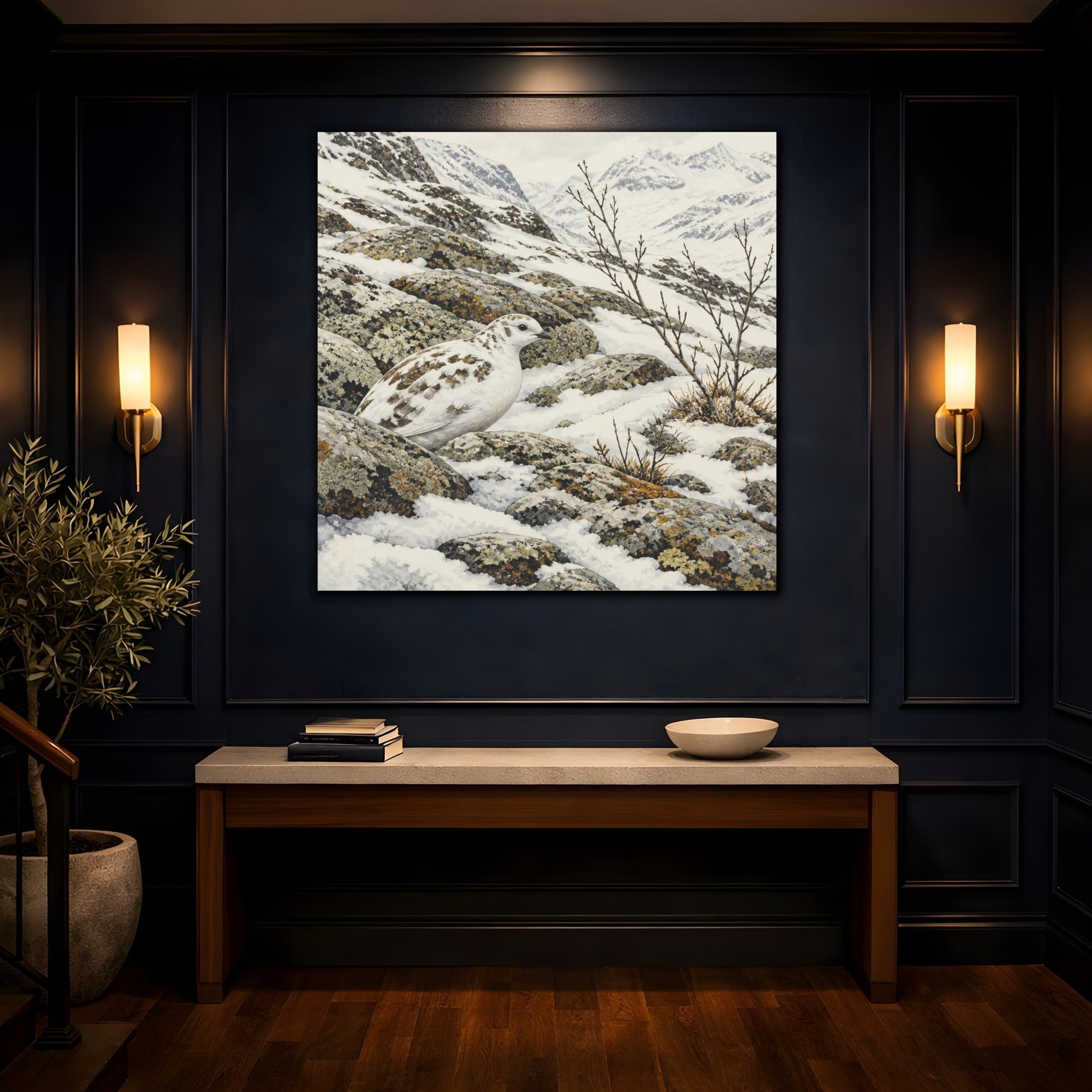 Mockup 4. Nordic Ptarmigan In Snow shown as canvas print