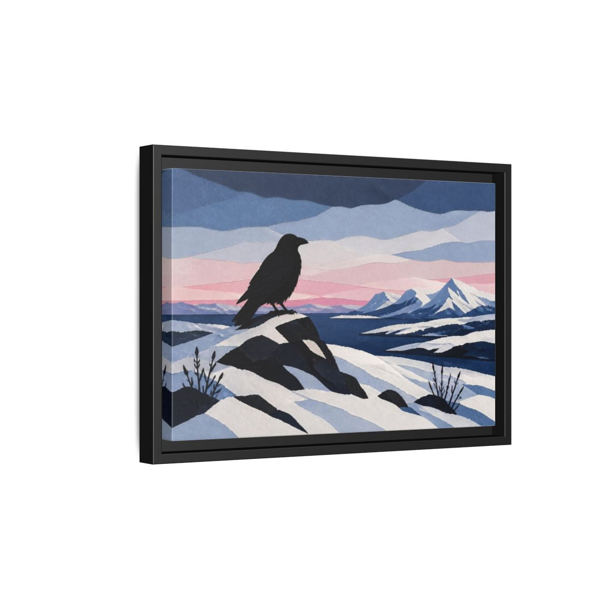 Side Mockup 6. Nordic Raven Over Snow shown as framed canvas print