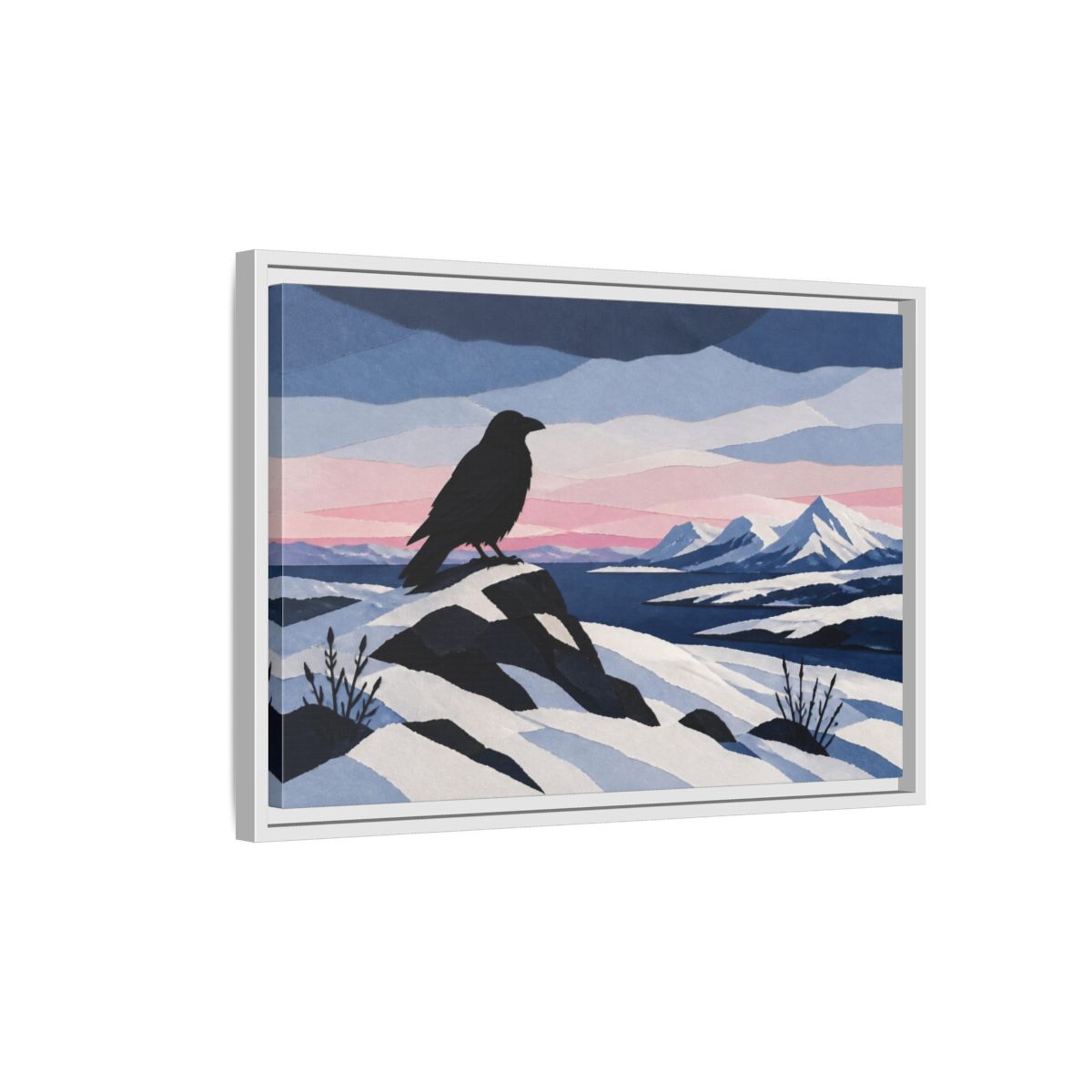 Side Mockup 1. Nordic Raven Over Snow shown as framed canvas print