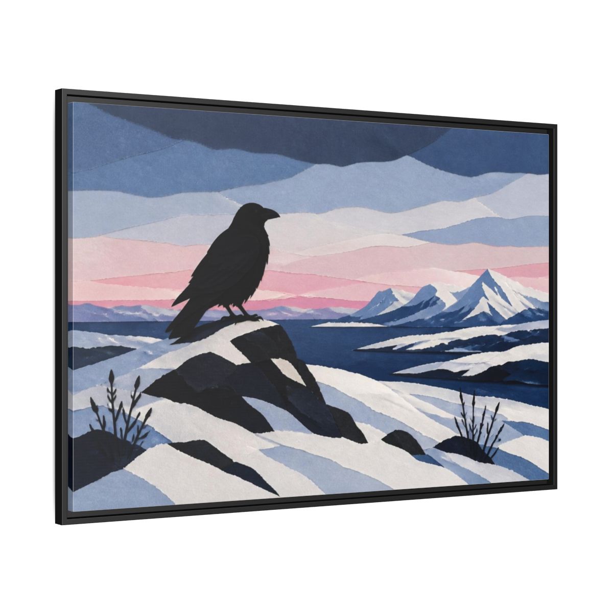 Side Mockup 12. Nordic Raven Over Snow shown as framed canvas print