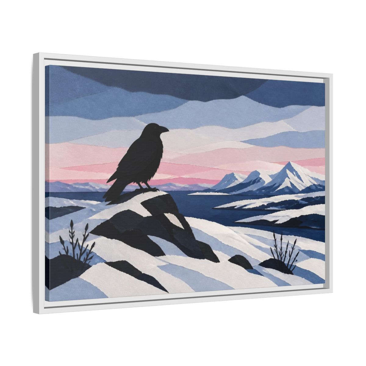 Side Mockup 10. Nordic Raven Over Snow shown as framed canvas print