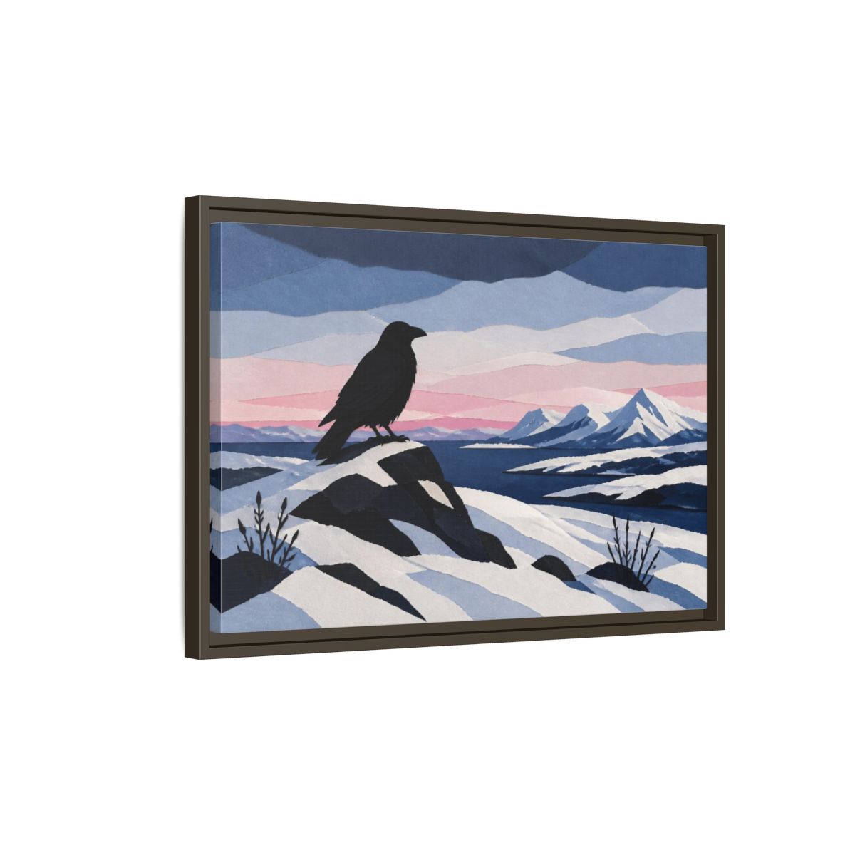 Side Mockup 2. Nordic Raven Over Snow shown as framed canvas print