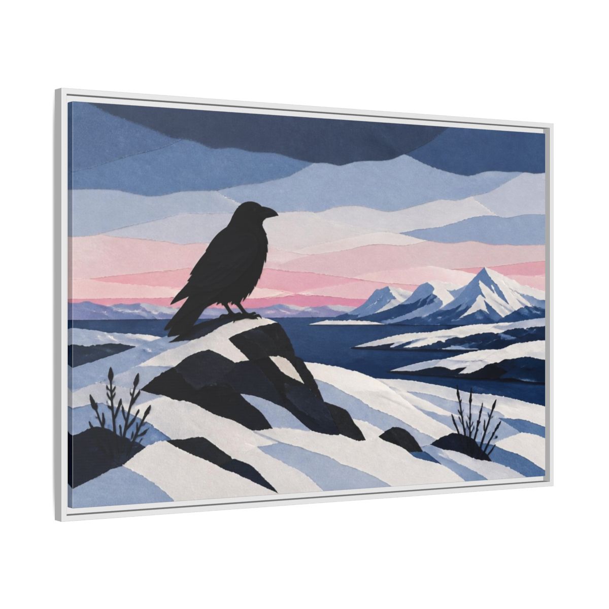 Side Mockup 7. Nordic Raven Over Snow shown as framed canvas print