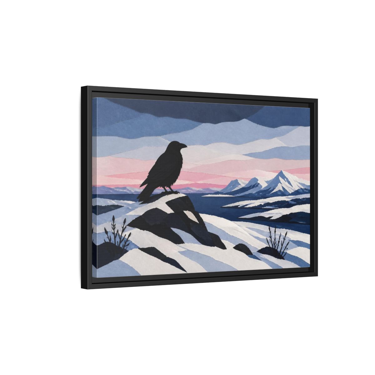 Side Mockup 3. Nordic Raven Over Snow shown as framed canvas print