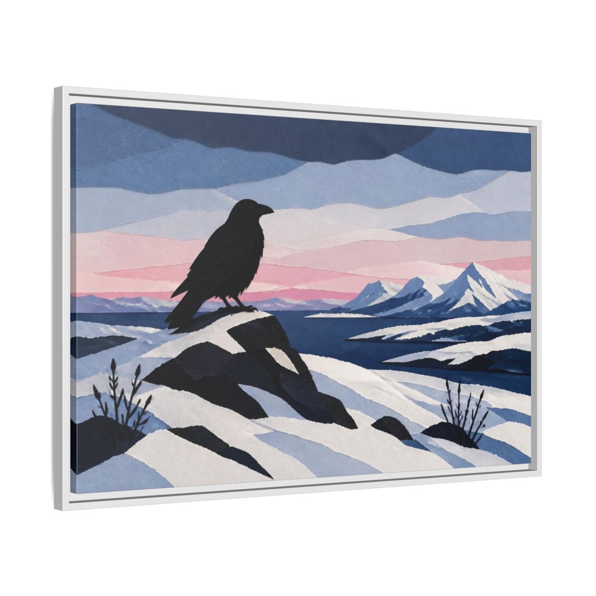 Side Mockup 9. Nordic Raven Over Snow shown as framed canvas print