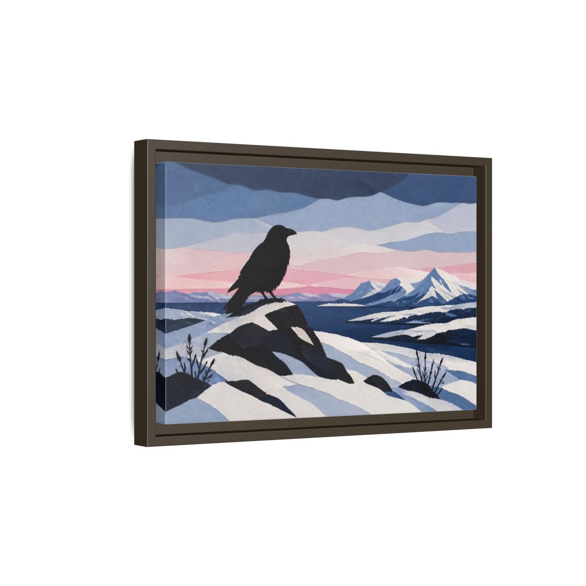 Side Mockup 5. Nordic Raven Over Snow shown as framed canvas print