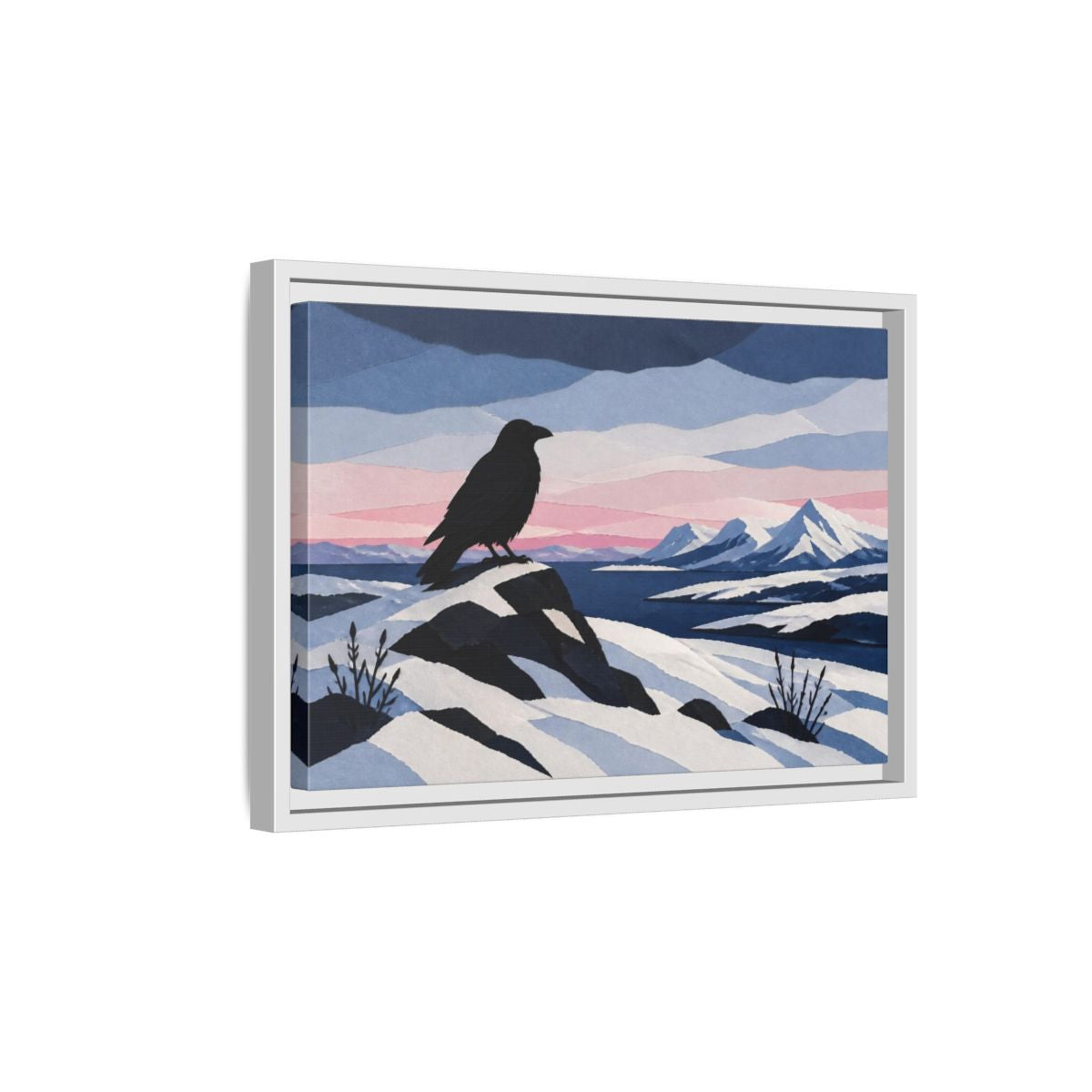Side Mockup 4. Nordic Raven Over Snow shown as framed canvas print