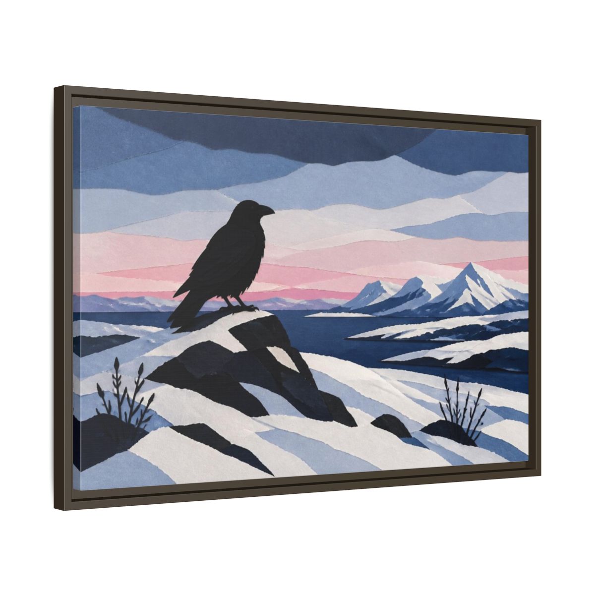 Side Mockup 11. Nordic Raven Over Snow shown as framed canvas print