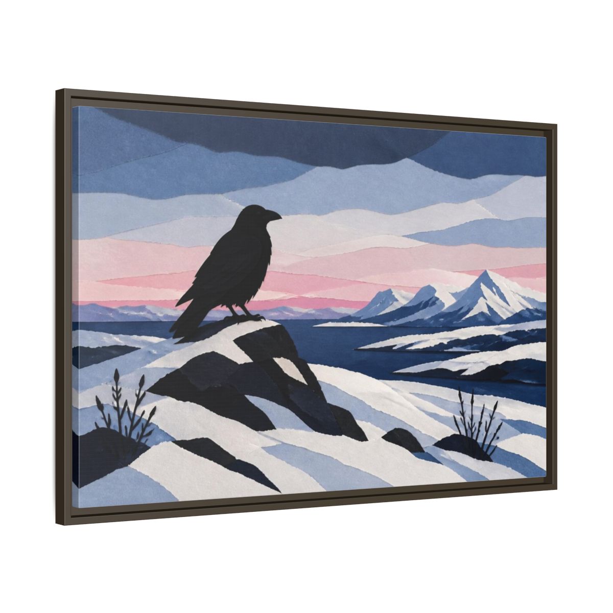 Main Mockup. Nordic Raven Over Snow shown as framed canvas print