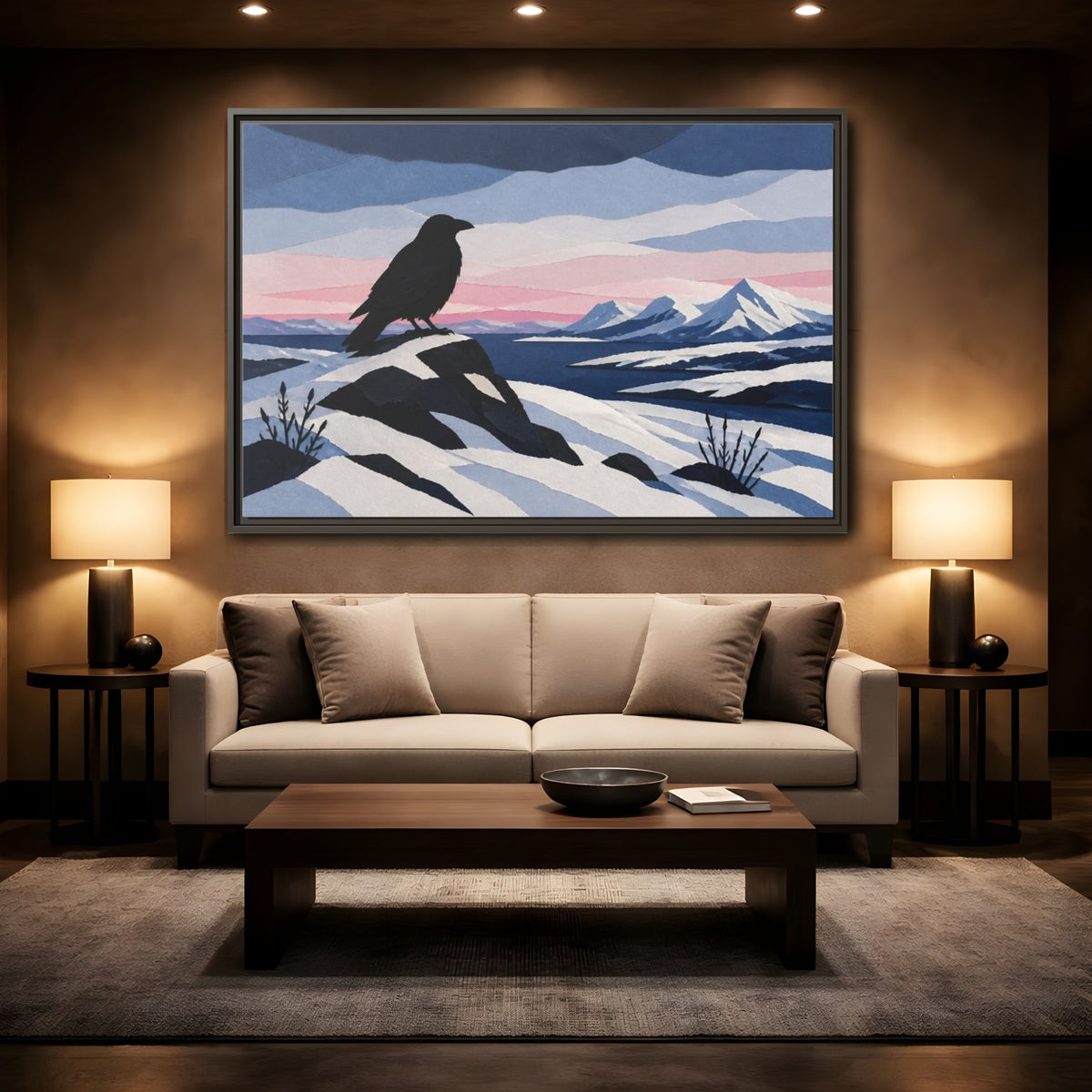 Mockup 2. Nordic Raven Over Snow shown as framed canvas print